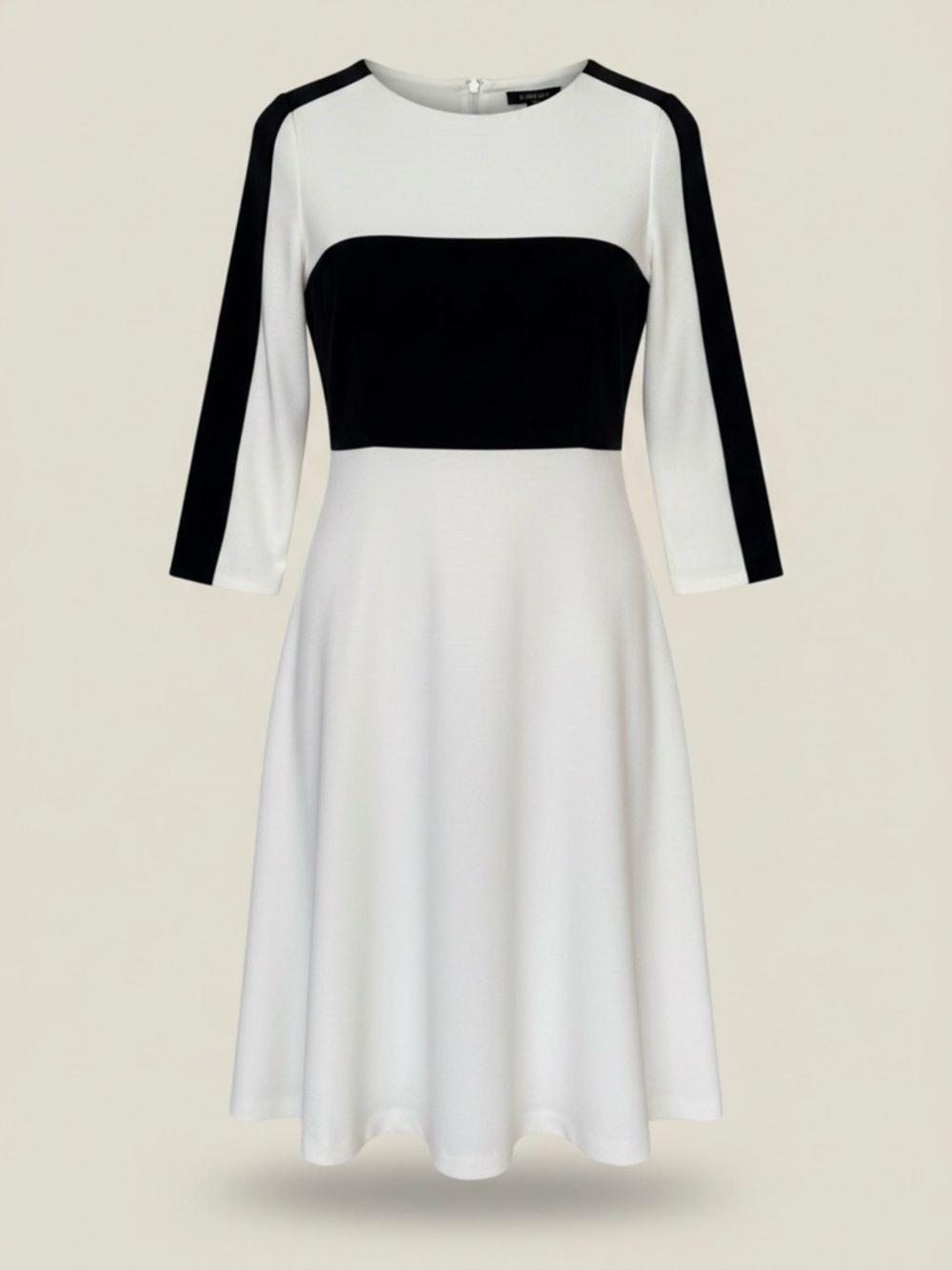 Colorblock Ponte Knit A-Line Dress | Black & Ivory | 3/4 Sleeve Classic